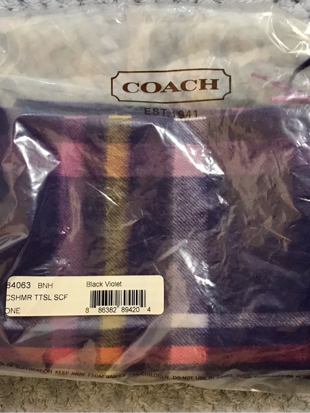 Coach Black Violet 100% Cashmere Scarf NWT In Bag 70”L X 12”W $178 MSRP - Picture 3 of 7